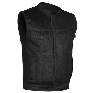 Men's Black Motorcycle Mesh Vest with Zipper Front and Multi-Pocket Design MC20204
