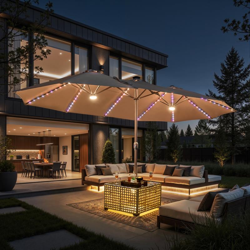 【Solar Lights Umbrella & Table】Ovios 15ft Double-Sided Patio Solar Lights Umbrella with 25" Coffee Table , Outdoor Large Umbrellas with Crank Handle and 36 LED Lights, Rectangular Market Umbrella with Base Included for Deck Pool Shade