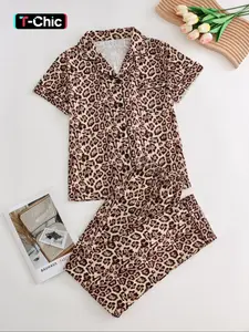 Two-piece Set Women's All Over Print Button Front Pajama, Breathable Stylish Pajama, Casual Comfy Short Sleeve Collared Top & Long Pants Set, Ladies Sleepwear & Loungewear for All Seasons, Pjs, Pyjamas, Womenswear, Sleepwear Pajamas