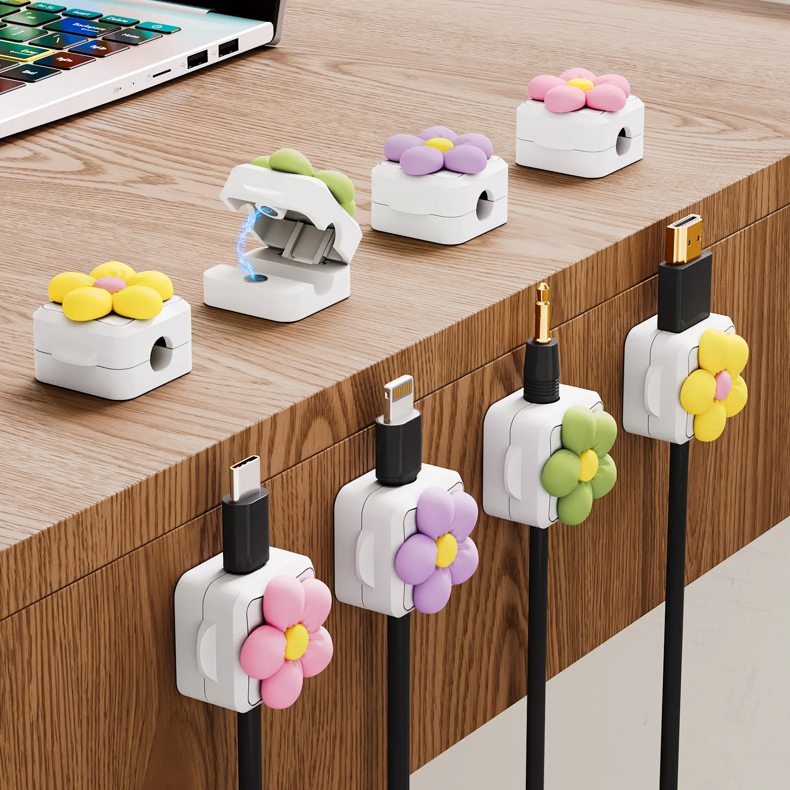 8-Pack Magnetic Cable Clips with 8 Decorative Resin Florets for Wire Management, No Residue Adhesive Cable Organizer with Magnetic Lock for Type-C Charger, HDMI, USB, PC Laptop, Network Cables