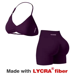 Lycra 2 Piece  Workout Sets for Women Halter Strappy Sports Bra with Seamless Ribbed Gym Yoga shorts Outfits Women Seamless Workout Sets Strappy Sports Bra High Waist Booty Shorts Outfits Adjustable Padded Workout Gym Yoga Bra sets