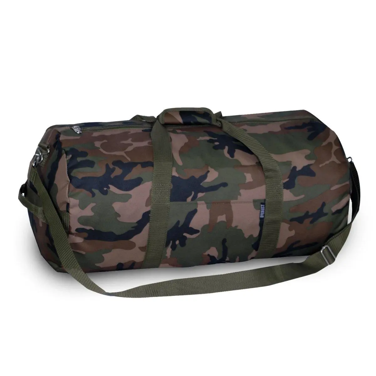 Everest 16-Inch Round Woodland Camo Duffle Bag - 600D Polyester All-Seasons Travel & Gym Bag for Adults, Velcro Pocket, Adjustable Strap, Padded Grip Handles, Synthetic Construction