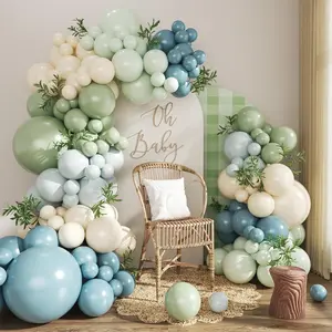Dusty Blue Sage Green Balloon Arch Kit, 124Pcs Fog Blue Light Blue Green Sand White Balloons Different Size for Baby Shower Bridal Shower Anniversary Birthday Party Decorations