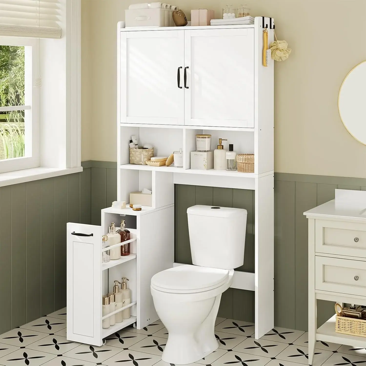 SIKAIC Contemporary 1 Cabinet Above-The-Toilet Wall Mount Storage Cupboard - Solid Color Small Space Indoor Bathroom Furniture, Bathroom Organizing Accessories with Adjustable Shelves, Adjustable Hook System, Safety Features, Requires Assembly