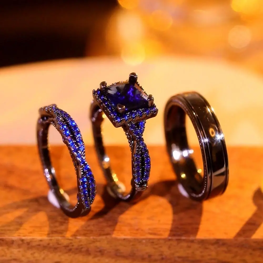 3Pc/set Sparkling Blue  Couple Ring Set - Square-Cut Black Plated Wedding Engagement Rings, His & Hers Dark Fashion Jewelry for Lovers Bands for Couples Wedding Jewelry Set for Men and Women