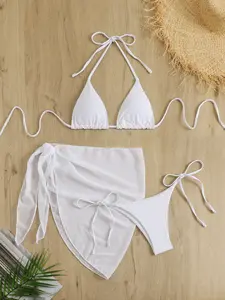 Three-Piece Bikini Set, Solid Color Strapless Top and Swimsuit, Women's Summer Swimwear, Asymmetric Hem Skirt Cover-Up, Elegant Beachwear