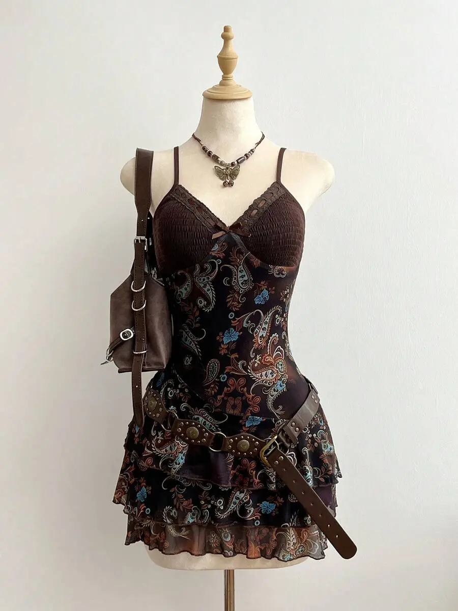 Women's Summer Dress In All Shades Of Brown,Floral Print & Paisley Pattern Mesh Panel Accents,Boho Vacation Style Hippie Ruffle Bohemian Dress