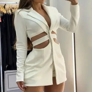 Women's Hollow Out Deep V Neck Sexy Mini Blazer DressElegant Long Sleeve Side Cut Out Button Up Short Dress