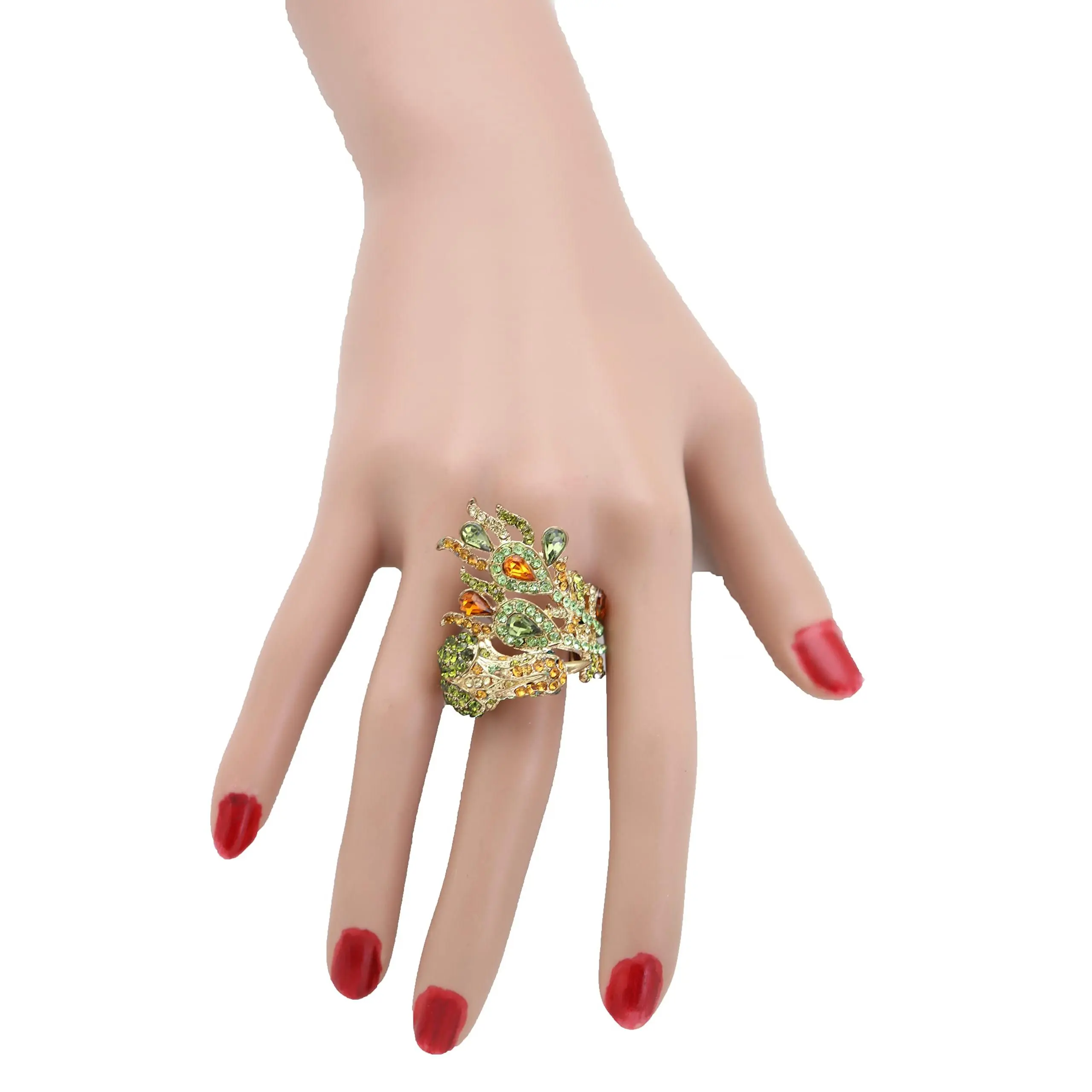 Women Fashion Jewelry Peacock Ring - Gold Metal Feathers Wrap Around Elastic Band Green