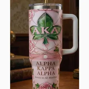 Alpha Kappa Alpha Tumbler with Handle – AKA Sorority Luxury Mug, Pink & Green Stainless Steel Cup, Perfect AKA Gift