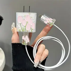 Tulip Pattern Charger & Data Cable Protective Case, Transparent Charger & Data Cable Protector, Phone Accessories Compatible with iPhone 18W/20W Charger