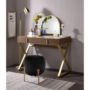 Coleen Walnut & Gold Finish Vanity Desk W/Mirror & Jewelry Tray