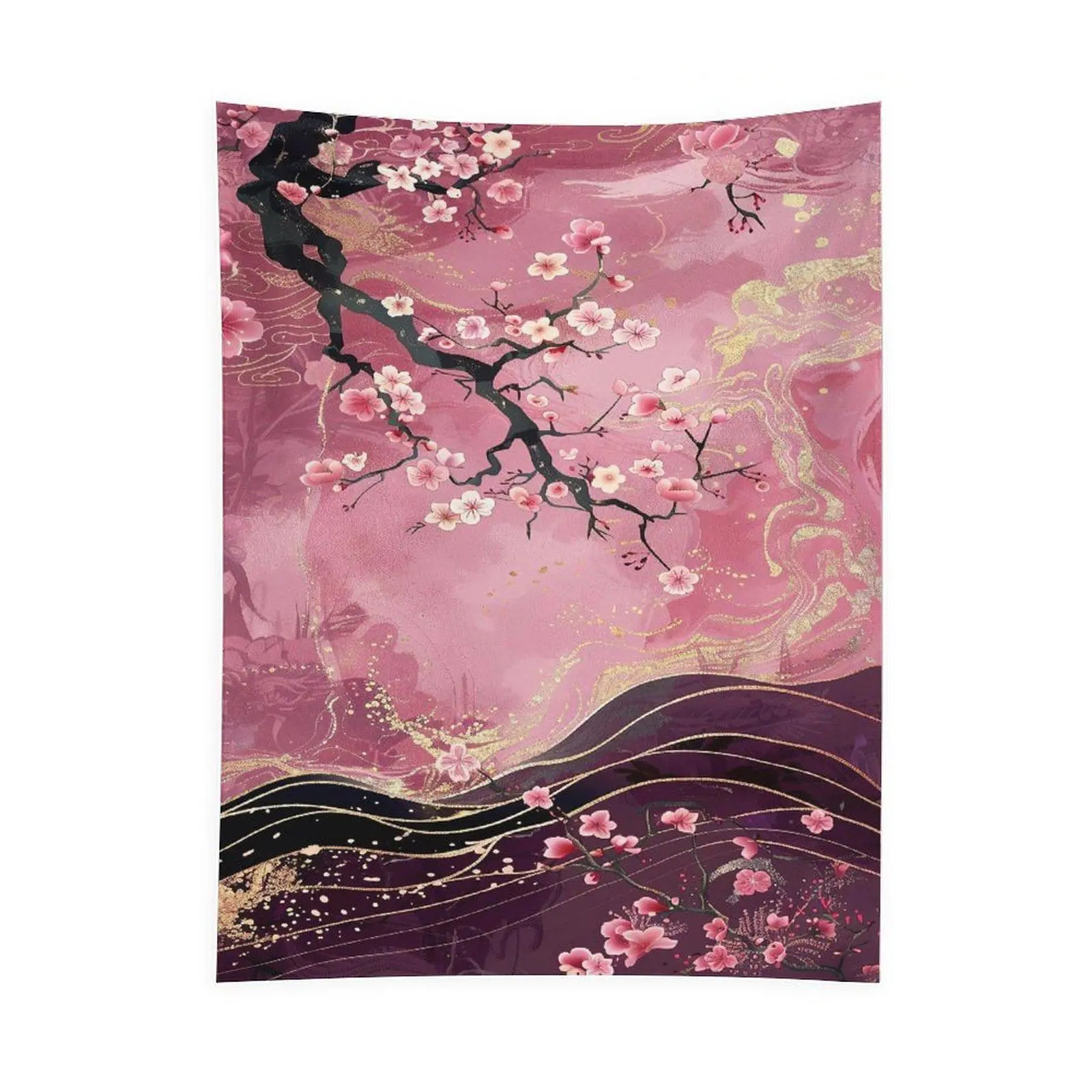 Pink Sakura Blossom Tapestry Wall Hanging - Japanese Cherry Blossom Landscape, Asian Aesthetic Room Decor, Floral Bedroom Wall Decor, Living Room Decorations