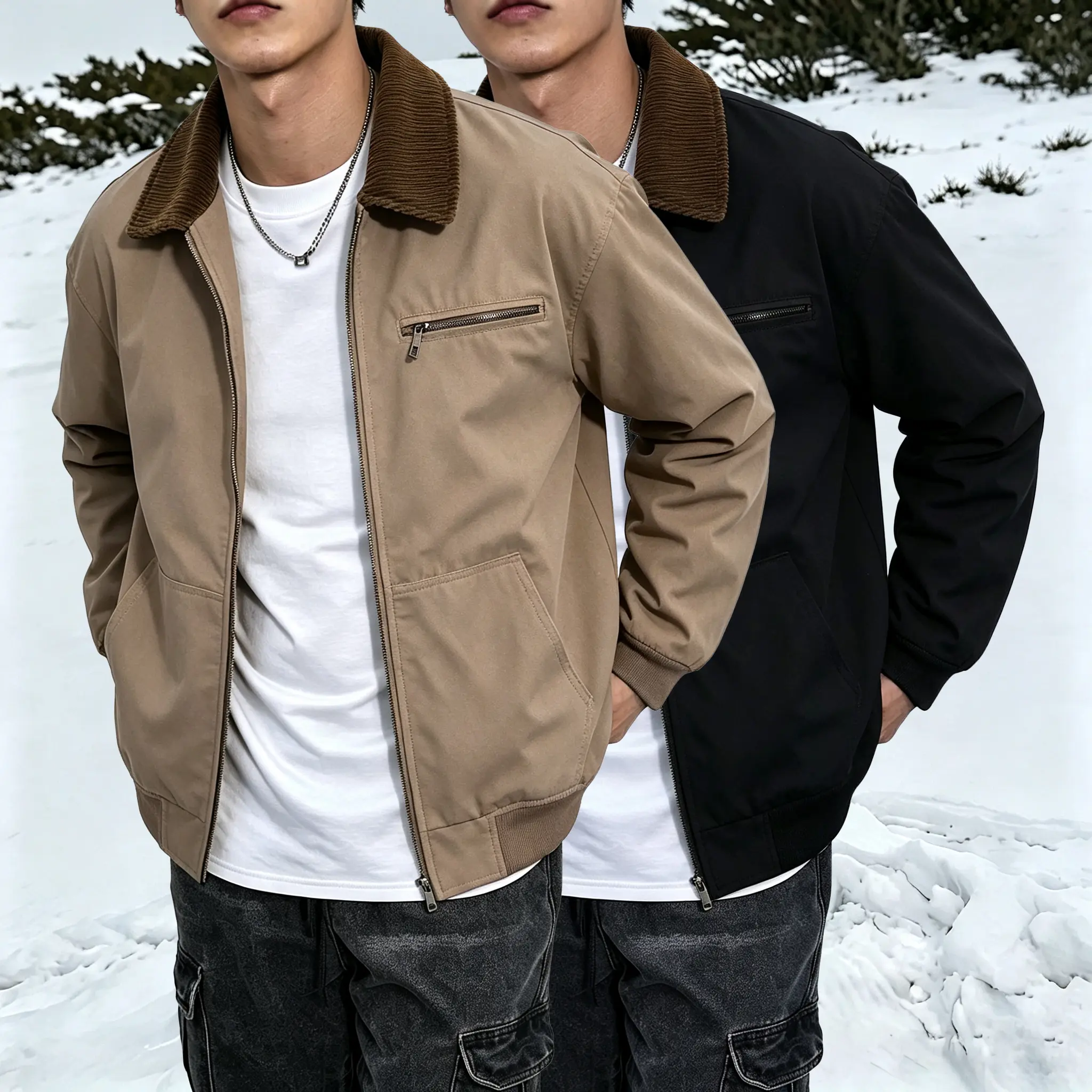 Men’s Plain Lightweight Retro Turn-Down Collar Aviator Jacket - Zip-Up Polyester Clothes Structured-Fit Casual Workwear Outerwear with Comfortable Fabric, Suitable for Everyday Wear, Streetwear