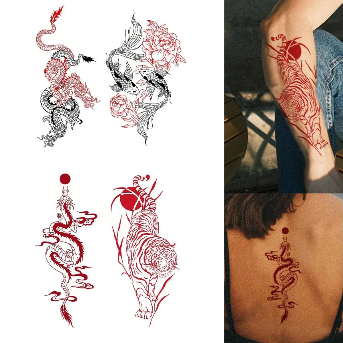 Red Outline Chinese Dragon Tiger Koi Fish Peony Oriental Arm Back Temporary Tattoo Stickers - 4 Sheets Semi-Permanent Waterproof Realistic Traditional Fake Tattoos, Body Art Decals for Men Women, All Skin Types Perfect for Party, Beach, Daily Wear