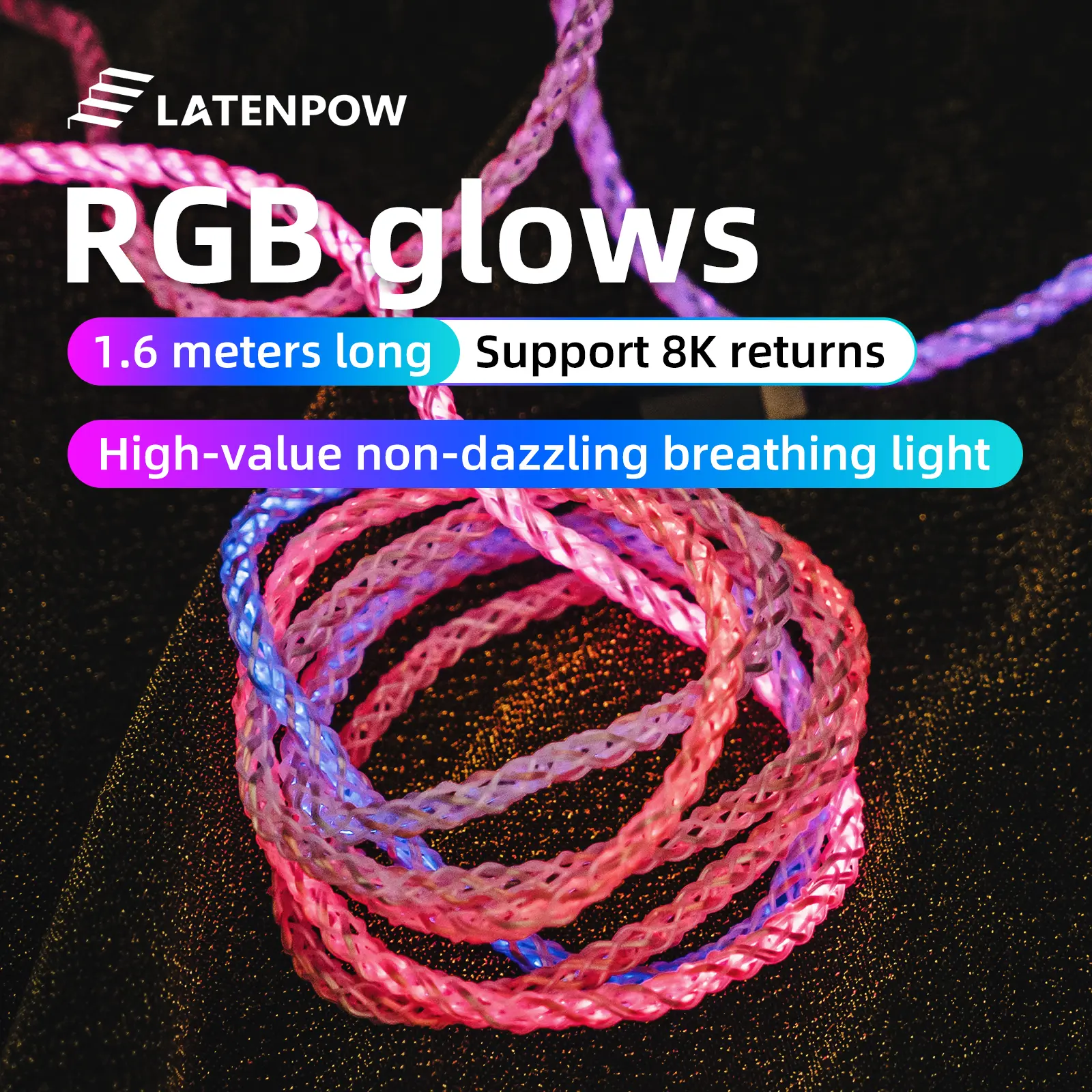 Latenpow Light Keyboard Cable Data Cables USB-C 8K Polling LED RBG Wire Charging Cable for Mechanical Keyboard 1.6m