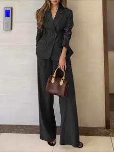 Women's Commuter Street Fashion Blazer, Lapel Collar Wide Leg Pants Set, Solid Color Casual Suit, Stylish Workwear