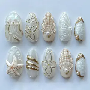 Seashell Starfish Jellyfish Mermaid Press On Nails - 3D White Gold Handmade Reusable Custom Fingernails - Gel Fake Nails - Glue on Nails Nail Art Kit Nail Box fathersdaygift