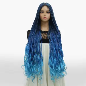 Dory Ocean Ombre Blue Box Braid Wigs with French Curls Ends Square Knotless With Baby Hair for Black Women, 36 inch Knotless Full Lace Box Braid Sythetic Fiber Wig, Glueless Braided Wigs with Babyhair Double Full Lace Braided Wig