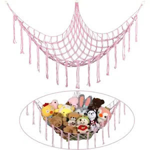 Plush toy corner hammock, hand-woven large plush net with wooden rings, bohemian style mesh toy storage rack, multifunctional plush toy storage rack, perfect for daily decoration in baby rooms, bedrooms, and children's rooms