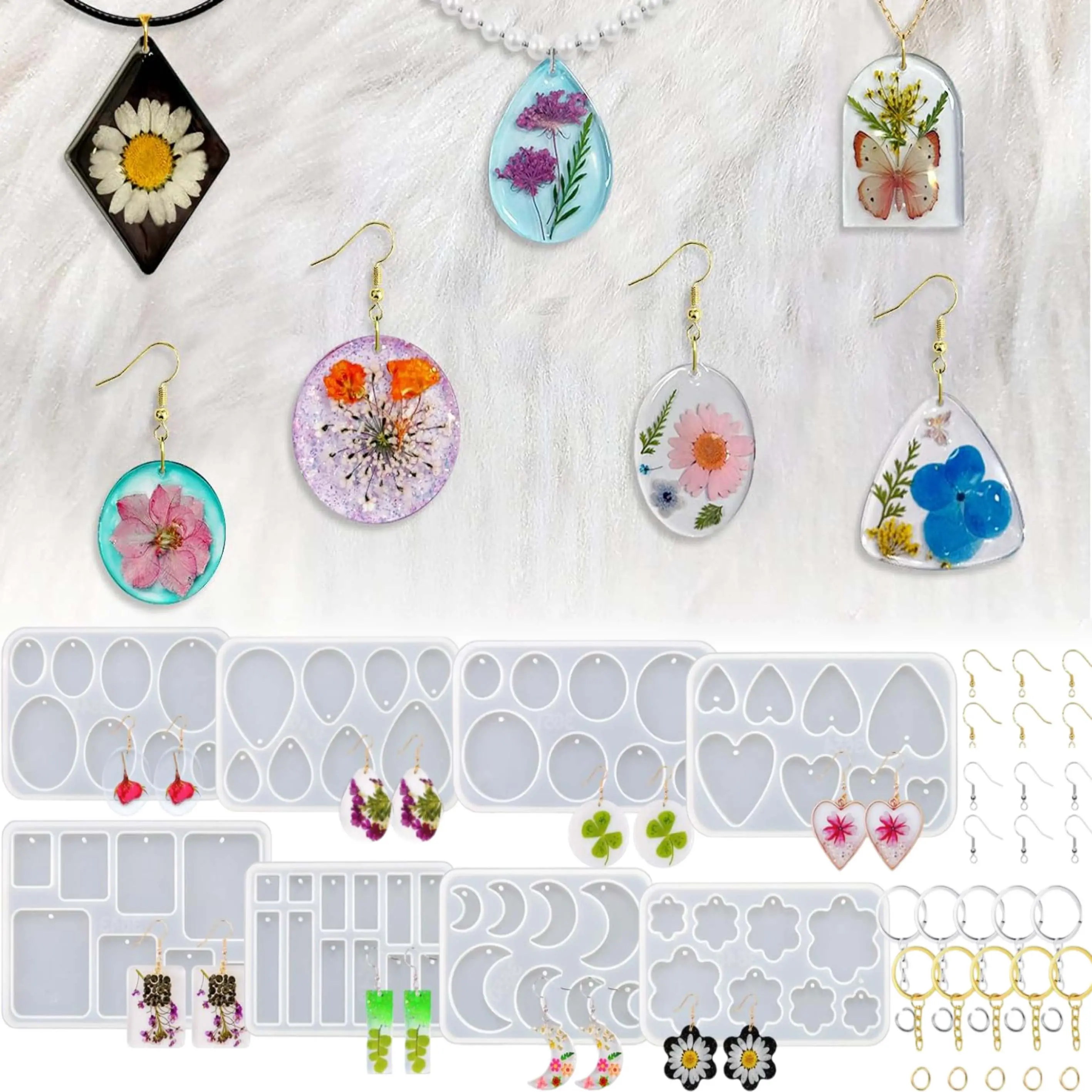 128 Pcs Multiple UV Resin Earring Mold with Holes,Basic Epoxy Keychain Kits Bundle Complete Set,Necklace Pendant Molds,Ideal for Female Women Ladies Girls,Christmas Party Gifts,Hand Tools Kits