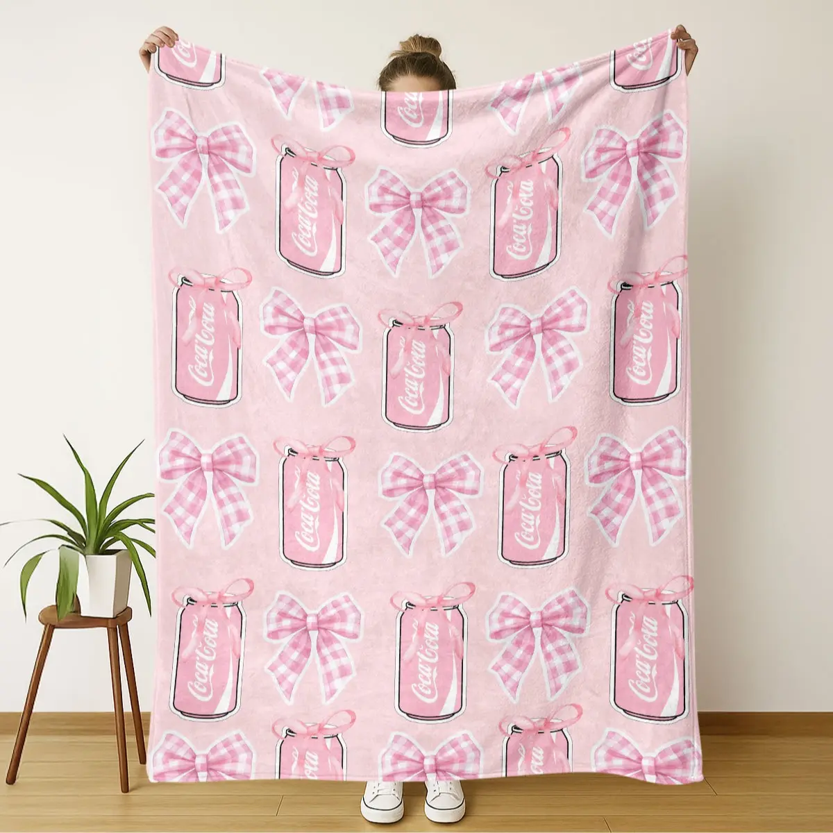 Soft Flannel Throw Blanket with Cola Bow Design, Warm Plush for Sofa Office Picnic Travel, Ideal Gift for Kids and Family