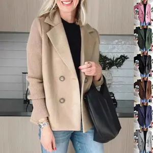Double Breasted Lapel Jacket Fashion Knitted Sleeves Splicing Design Coat Outerwear Women's Clothing in Navy Blue & Green Imitation Polyester Fabric