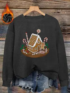 Women's Christmas Gingerbread House Print Sweater, Long Sleeve Round Neck Pullover, Soft Elastic Fabric, Casual Fall & Winter Top