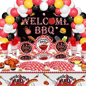 165 count BBQ Party Decorations Picnic Party Decors BBQ Background Cloth with Rope Picnic Plastic Tablecloth Barbecue Tableware Supplies Set for Summer Birthday  Shower Parties
