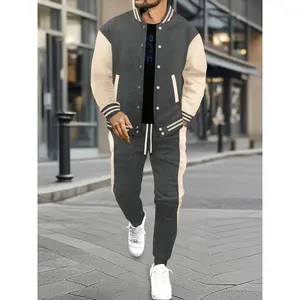 Two-Piece Set Men's Solid Baseball Collar Zip Up Jacket & Pants, Loose Casual Fashion Cozy Breathable Outfits for Daily Outdoor Wear, Men Clothes for Spring Fall