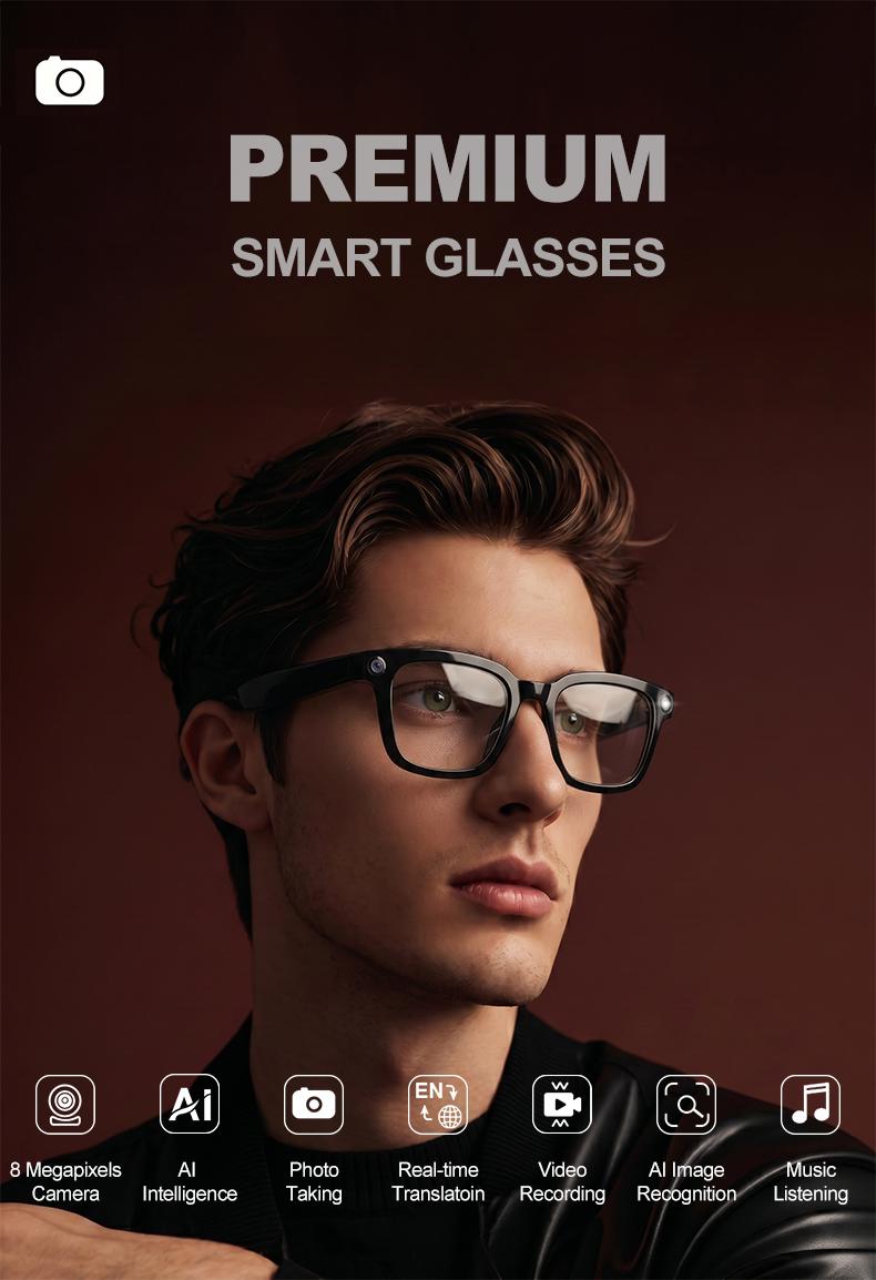 Smart Bluetooth Glasses with HD Camera, 1200p Video Recording Wearable Smart Glasses, Anti-shake Shooting Outdoor Sports Camera Sunglasses, Multifunctional Wireless Audio Glasses with Intelligent Voice Assistant, Built-in Earphone Anti-blue Light Eyeglass
