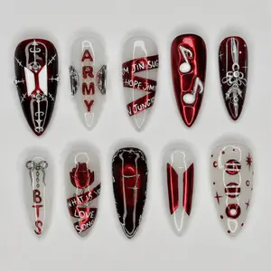 Kpop Inspired Red Chrome Press On Nails Almond Shape Handmade Y2K Korean Style 3D Charm Goth Luxury Reusable False Nails Concert Party Fashion Nail Art
