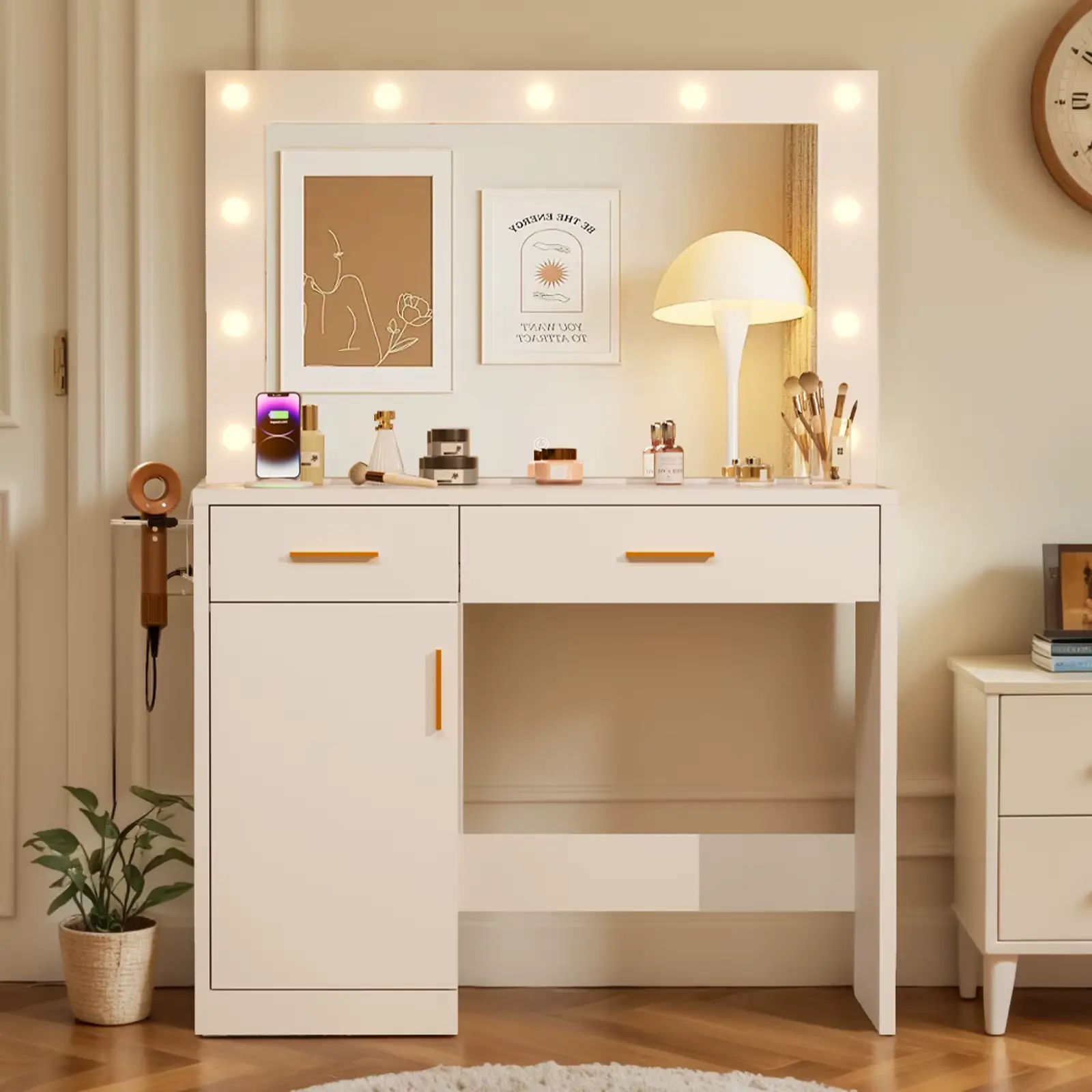 AuraHome Luxury Vanity Desk with Mirror - Lighted Pro-Makeup Dresser, Charging Station & Power Outlet, Adjustable LED Brightness Modes, Spacious Storage Drawers for Bedroom & Glam Room, White Modern Vanity Set, Vanity With Mirror