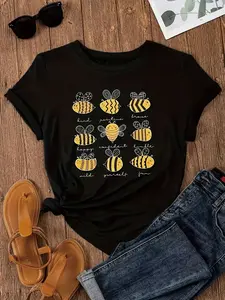 Cute Happy Bee Print Casual Short Sleeve Round Neck T-Shirt Top Spring Summer Women'S Clothing