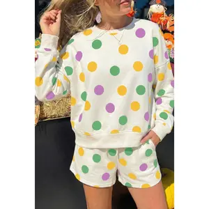 Multicolour Polka Dot Print Drop Shoulder Pullover Drawstring Shorts Set