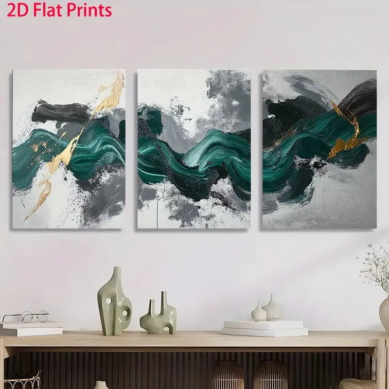 2D Flat Painting Set, 3 Framed Canvas Art Pieces, Abstract Green and Gold Wave Pattern, Perfect for Decorating Your Living Room or Bedroom