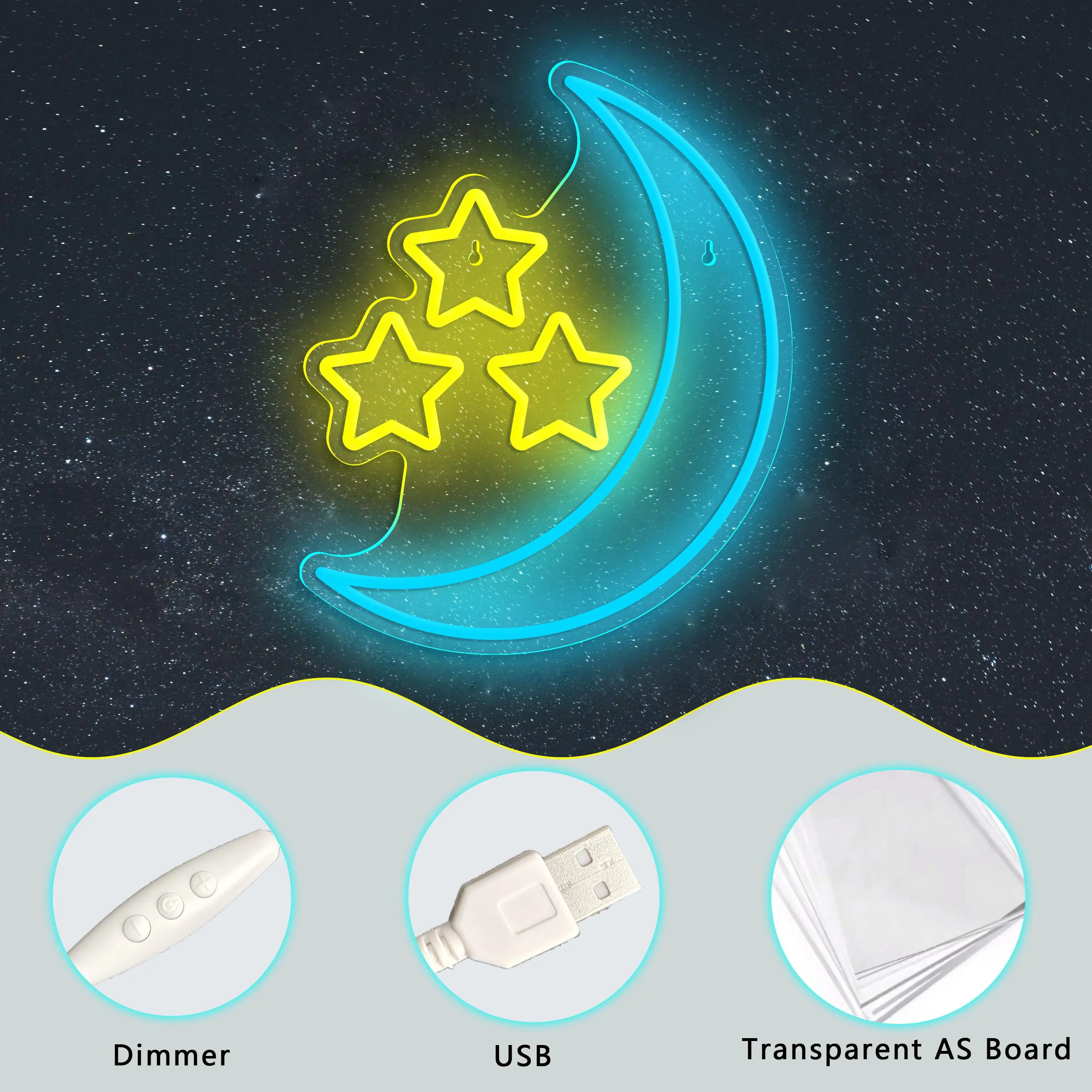 Stars, moon, and neon lights; three stars accompany the moon; USB powered, dimmable; quiet design for bedrooms and thoughtful design for hotels, suitable for silent environments.