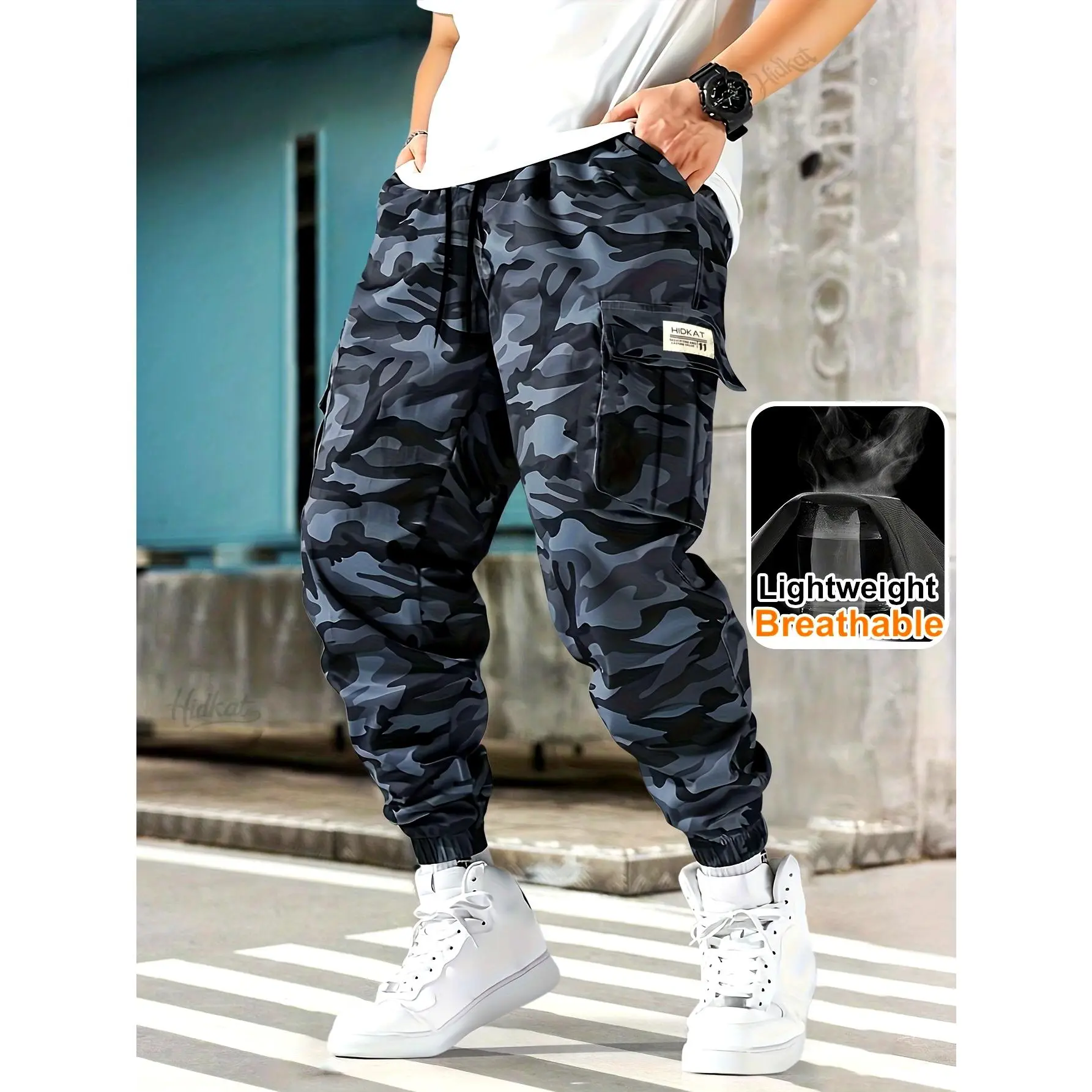 Men's Camouflage Outdoor Cargo Pants, Lightweight and Thin, with Drawstring Waist and Side Pockets, Comfortable and Breathable, Suitable for Outdoor and Daily Wear