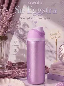 Owala So Eggstra 32Oz Purple Glitter  Insulated Water Bottle Model Leak Proof BPA Free Double Wall Built In Straw Stylish Sparkle Design Travel Gym Hydration