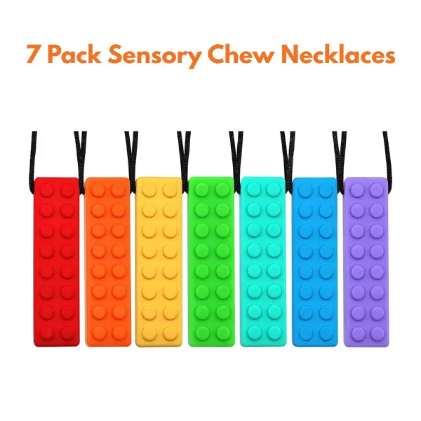 7 Pack Sensory Chew Necklaces, Silicone Chewy Teether Jewelry for Kids, Oral Motor Chew Toy, Biting Aid, Halloween Gift