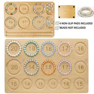 Bracelet Sizing Bead Board for Jewelry Making, Bamboo Beading Layout Board with 13-20cm Size Circles, DIY Bracelet Design Tool, Includes 4 Non-Slip Pads