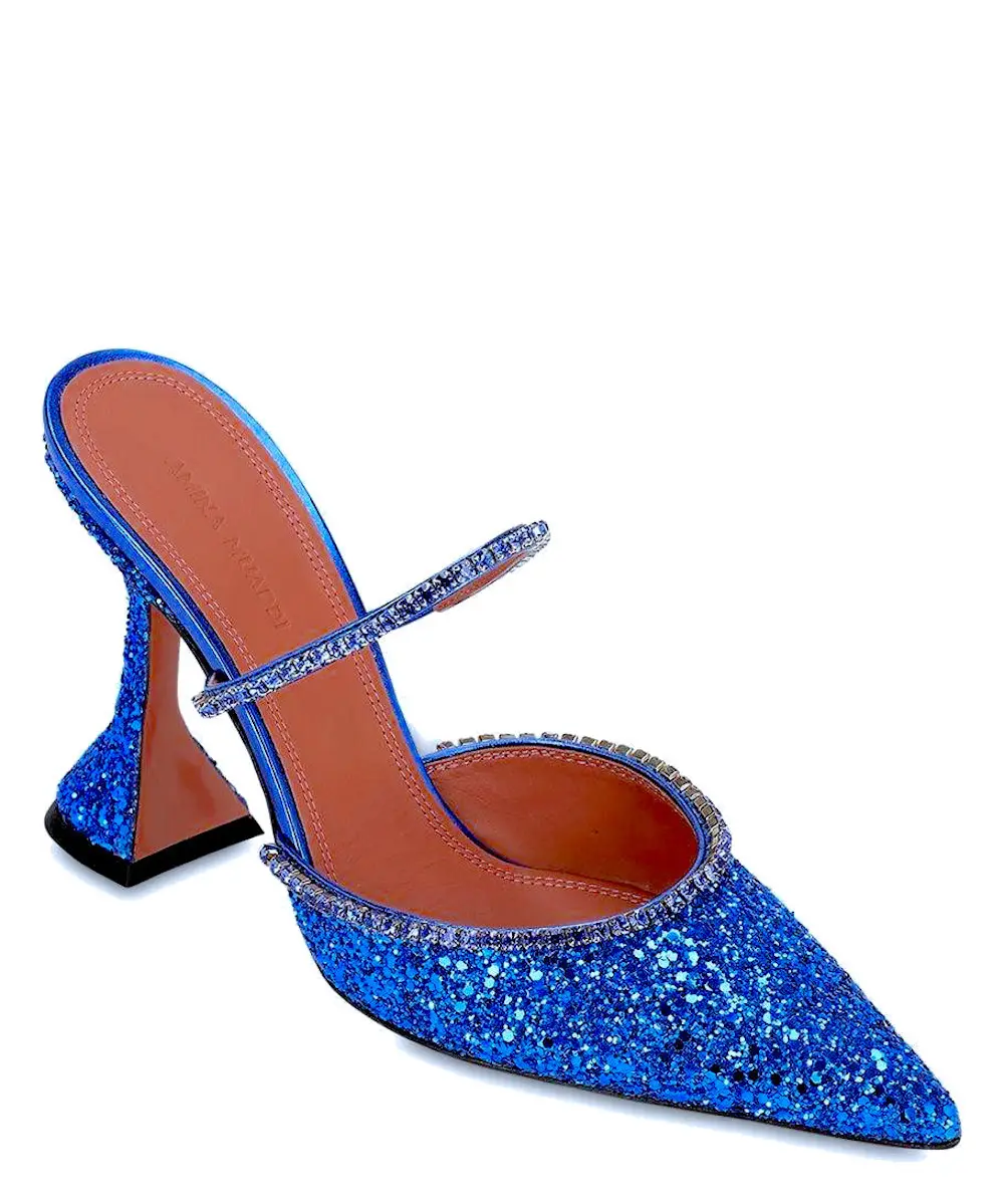 Amina Muaddi Blue Glitter Slip on Pumps