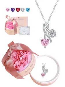 Rose Flower Necklace With Pink Rose Basket Jewelry Gift Box, CZ Birthstone Flower Necklace, Mother's Day Valentine's Day Love Gifts for Wife Girlfriend Mom Daughter