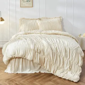 Queen Comforter Set - Ruched Comforter Queen Size Bed Set Boho Bedding for Bedroom Comforter 3 Piece Ruffle Comforter Set with Pillow White Bedding Soft