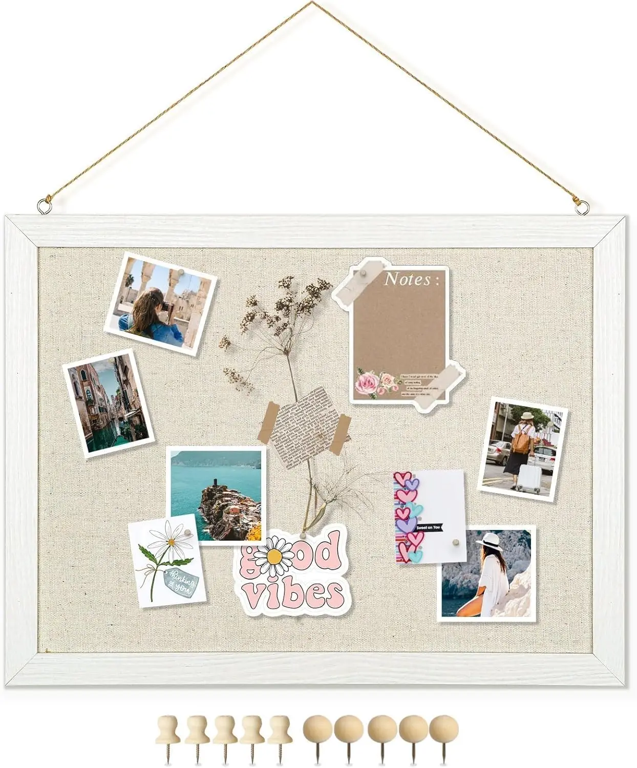 Double-Sided Cork Bulletin Board 16x12 Inch | Wood Frame with Linen Cover | Includes 10 Push Pins for Wall Decor Decorative Wooden