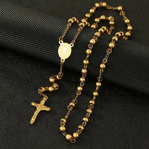 Gold-colored collarbone chain, stainless steel bead necklace, cross necklace