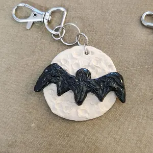 Handcrafted Clay Bat Over Moon Keychain Unique Halloween Accessory for Bags and Backpacks