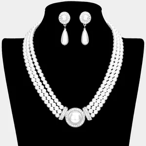 Three Row White Pearl Necklace with White Pearl Teardrop Earrings | Bridal Jewelry Sets |  173621