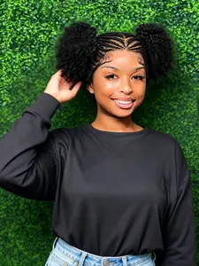 Afro Puff Wig 360 Full Lace Puff Bun Updo, Braided Lace Front Wig with Baby Hair, Synthetic Handmade Braids, Donut Chignon Wig (1b)