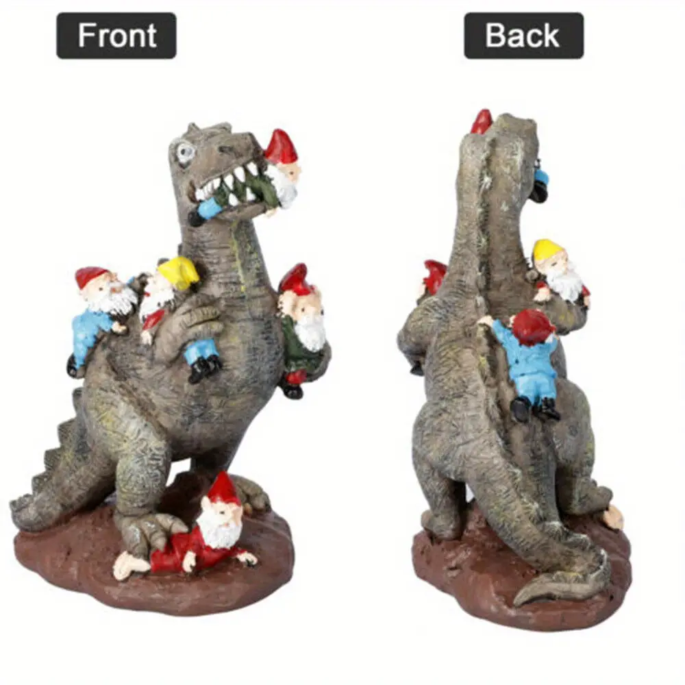 Funny Dinosaur Eating Dwarf Statue Colorful Resin Garden Art Creative Patio Home Decor Simulation Sculpture Ornament Indoor Outdoor Figurine for Lawn Yard Backyard Courtyard Balcony Living Room Desk Garden Landscape Display Craft Decoration Piece